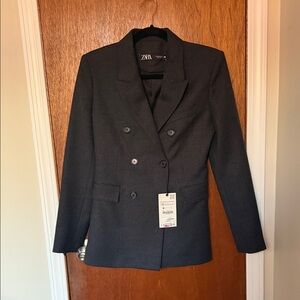 Zara Women's Grey Double-Breasted Wool Blazer